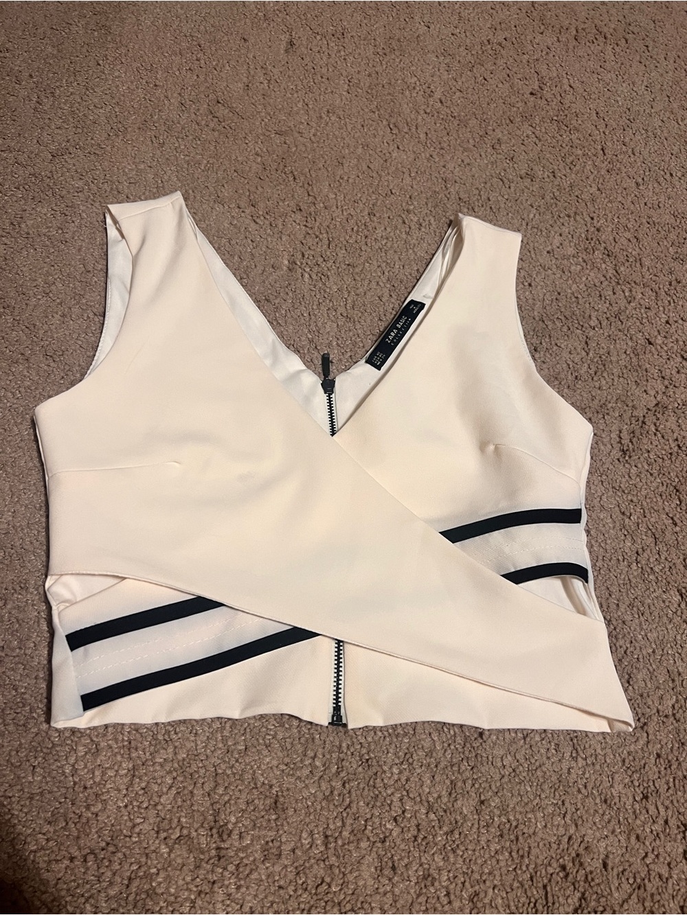 Zara Basic Cream Black Criss Cross Cutout Crop Top XS